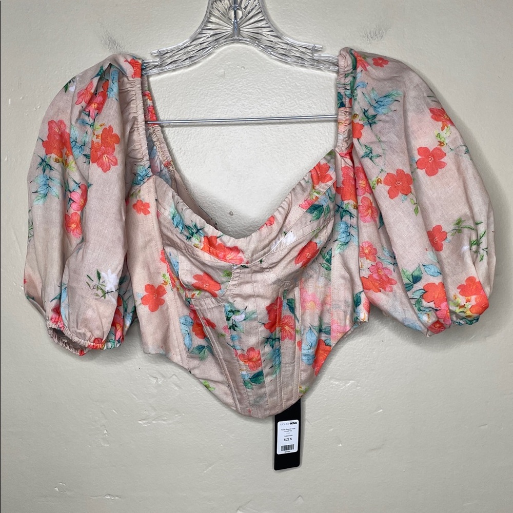 FASHION NOVA Floral Season Corset Top Coral & Tan Puff Sleeves NWT Small